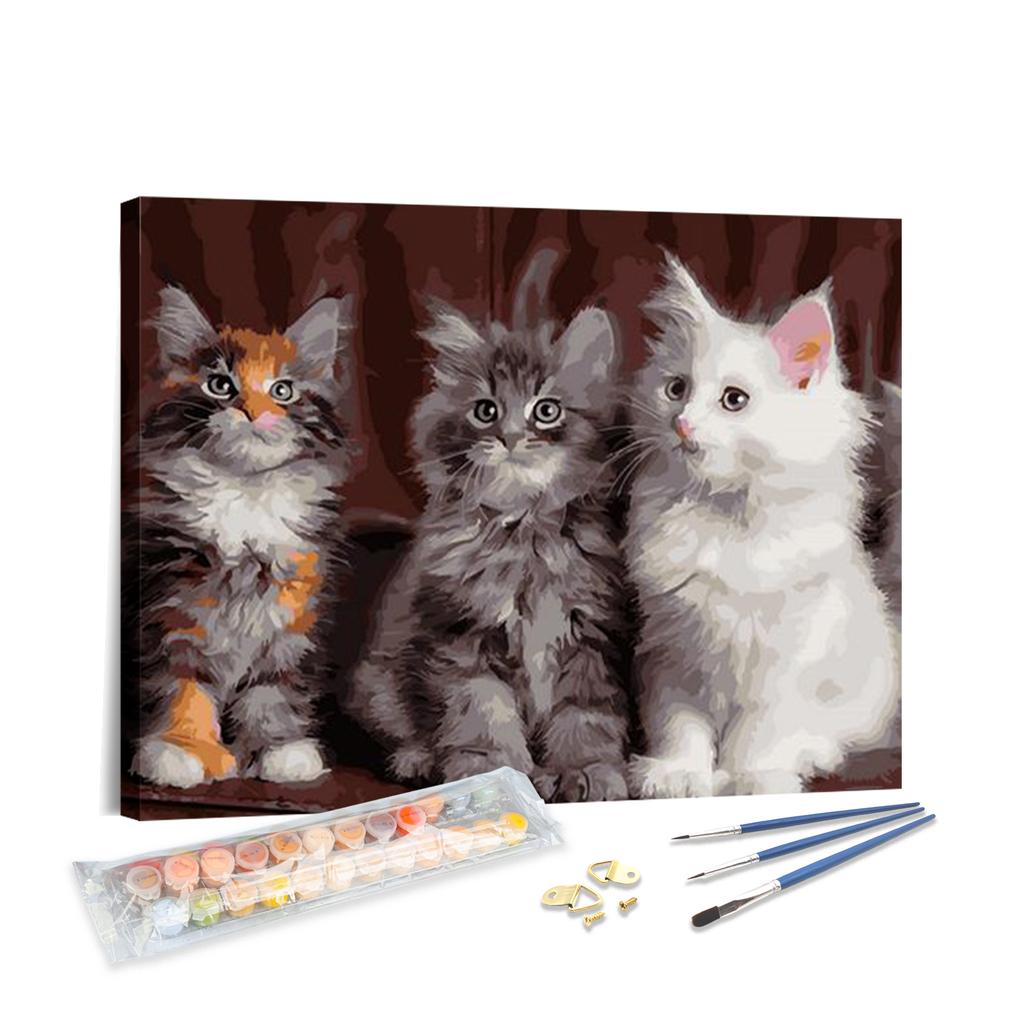 Paint by Numbers Kit Three Cute Kittens DIY Oil Painting Canvas Wall Art Pet Lover Gift
