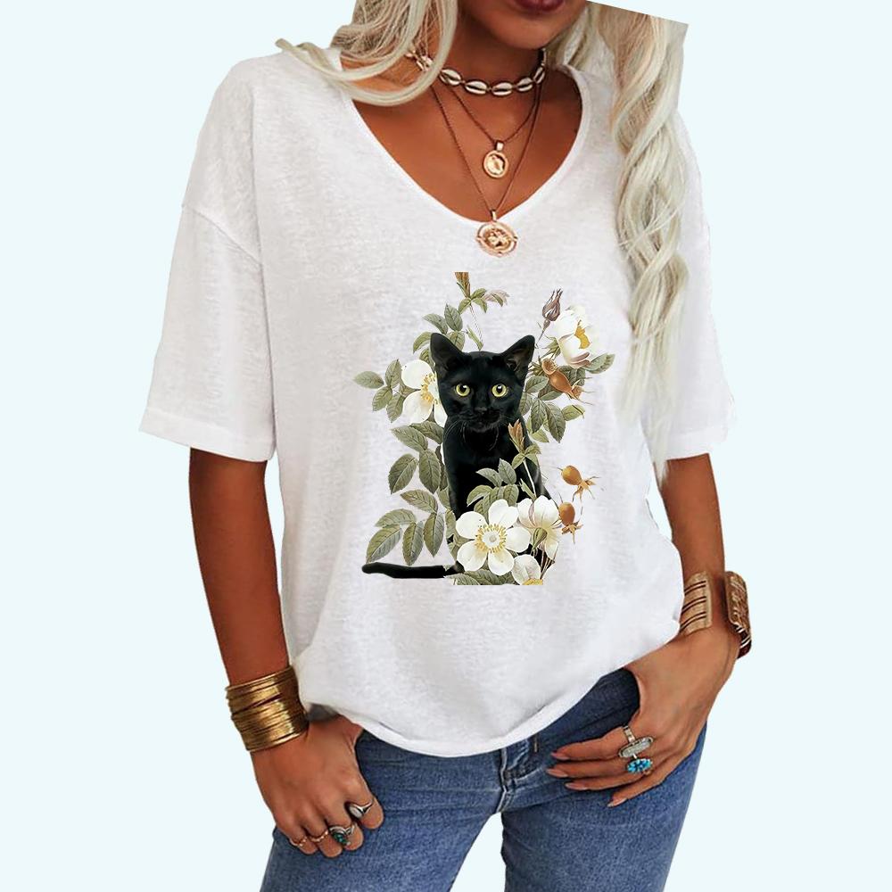 Women Fashion Cat Print Tee Shirt Casual V Neck Top Loose Short Sleeve T-shirt