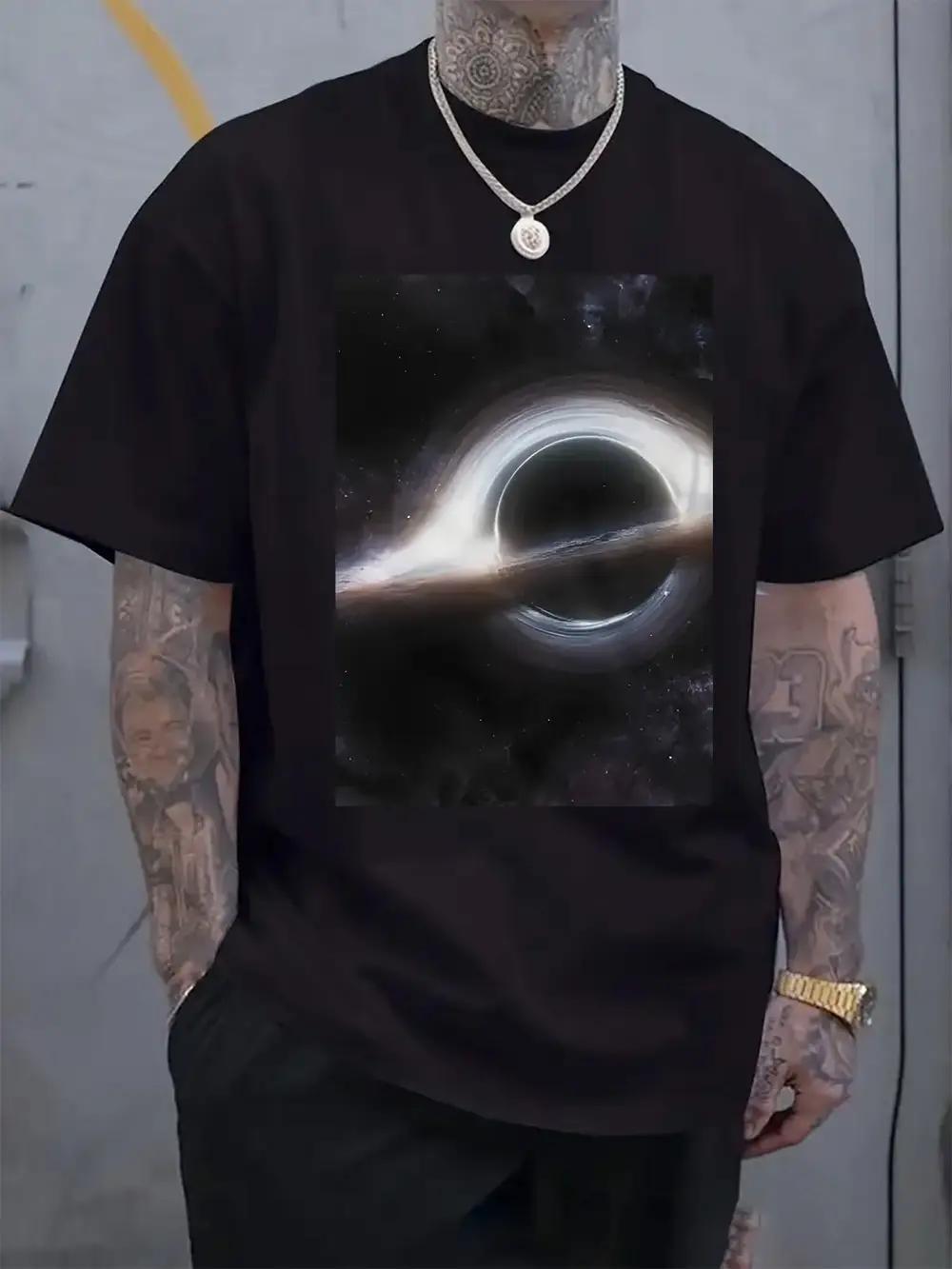 

Black Casual Short Sleeve T-shirt with Mysterious Black Hole Cosmic Scene Print - Regular Fit Round Neck Summer Tee S