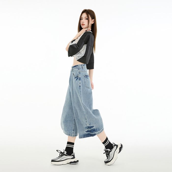 Spring Vintage High Waist Loose Wide Leg Draped Raw Edge Straight Cropped Capri Denim Pants For Women Versatile Slimming AllMatch Casual Bottoms
