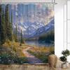 1Pc Extra Large Bath Curtain - Mountain Sunset Path Wildflower Trail Moonlit Lake Snowy Peaks Evergreen Forest Design - High-Qua