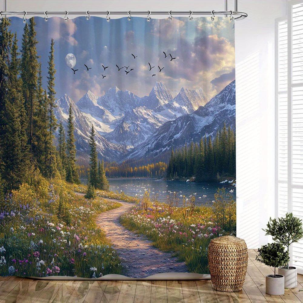 1Pc Extra Large Bath Curtain - Mountain Sunset Path Wildflower Trail Moonlit Lake Snowy Peaks Evergreen Forest Design - High-Qua