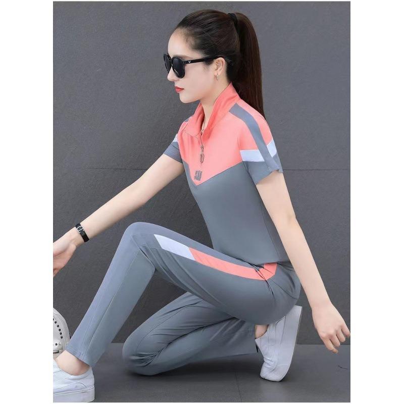 

Летний спортивный костюм для женщин, с коротким рукавом, стильный, с цветовыми блоками, большого размера, свободный, повседневный, тонкий, хлопковый, комплект из двух предметов M розовый