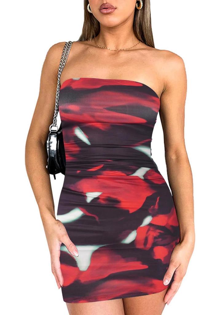 European & American Style Strapless Printed Bodycon Sexy Short Dress