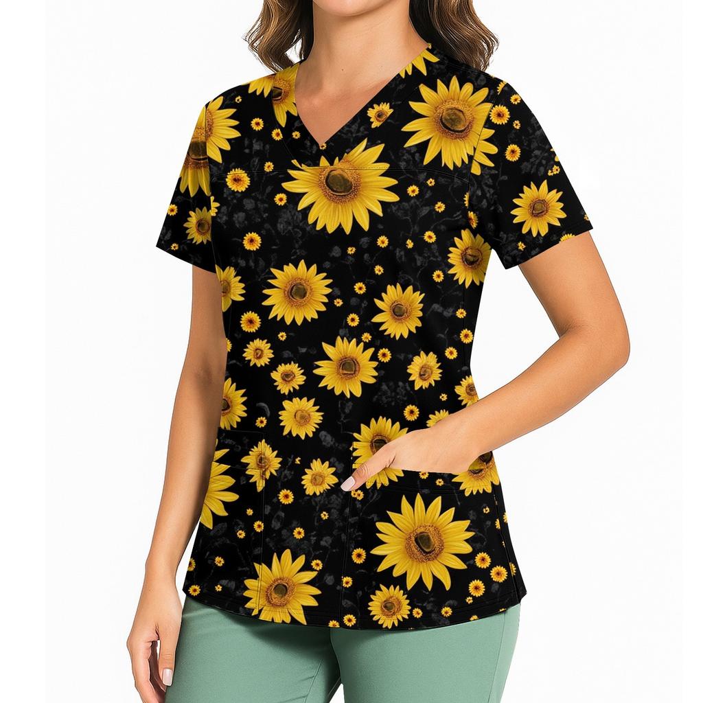 Kvinners avslappet trykket V-hals lomme sideslisse kortarmet topp kortarmet topp