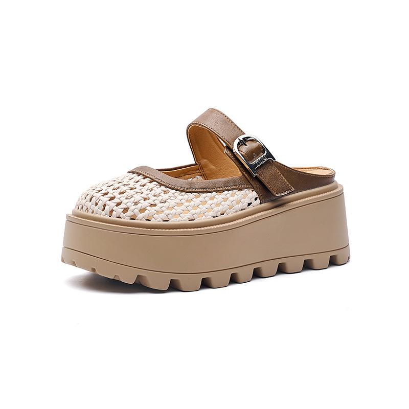 Muffin Bottom Woven Empty White Shoes Women's Bag Head Slippers New Fashionable Thick Sole Height Increase Lazy Pedal
