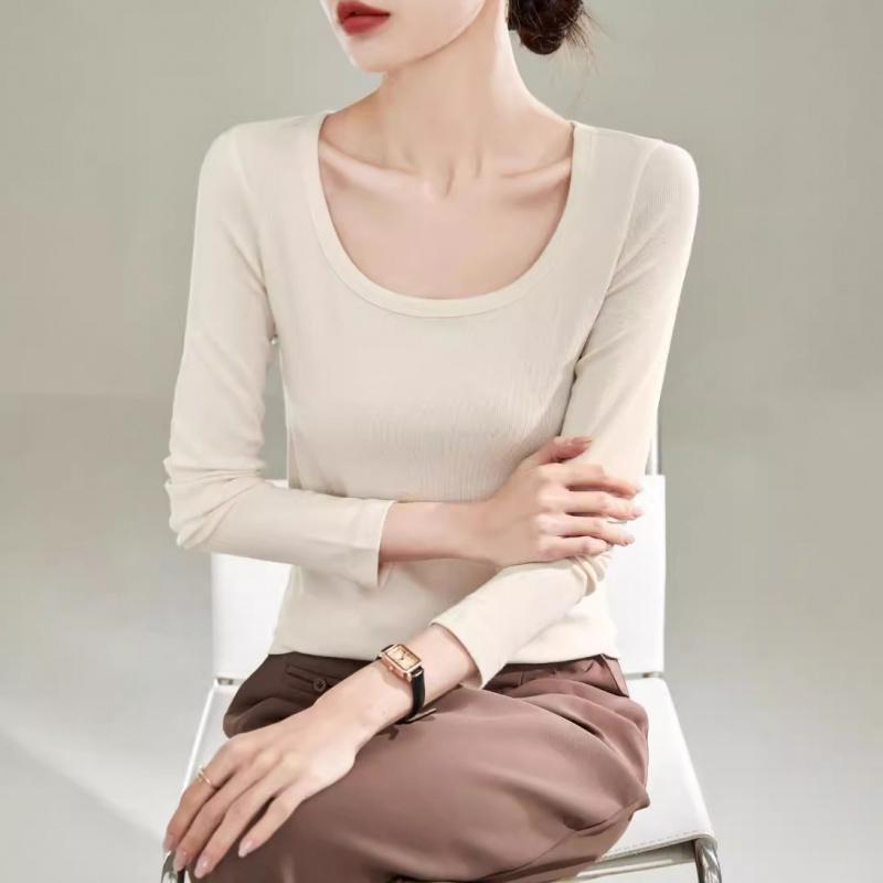 DeRong Spring and Autumn Base Shirt 2026 New Model U-Neck Slim Fit Long Sleeve T-Shirt Commuting Inner Layer Top for Women