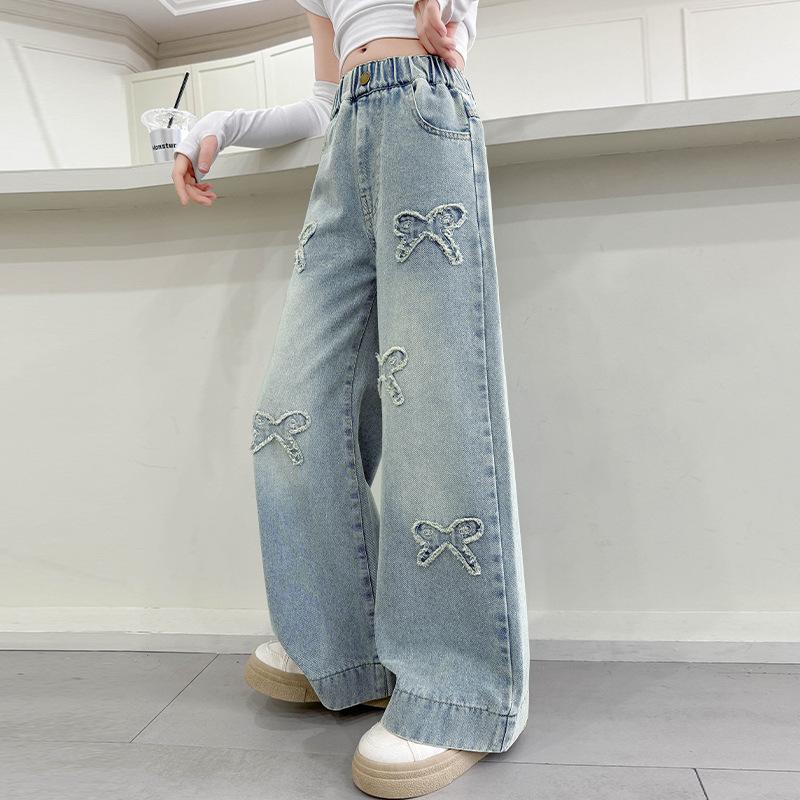 American Retro Kids Baggy Jeans with Bows for Girls Fashion Stretch Elastic Waist Denim Pants Child Wide Leg Jeans Trousers