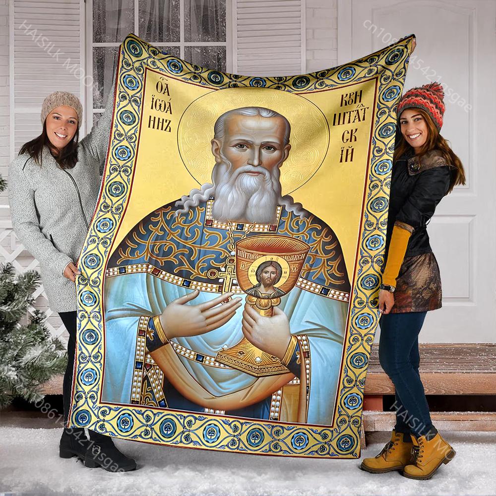 Orthodox iconography of priests and saints Faith-printed Flannel Blanket Soft Warm Suitable for Home Travel Picnics Camping RV