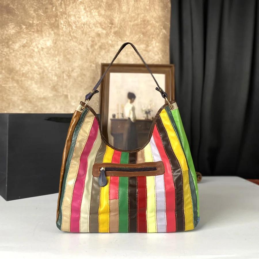 New Single Shoulder Women'S Bag Texture Head Layer Leather Tote Bag Splicing Flower Leisure Crossbody Bag