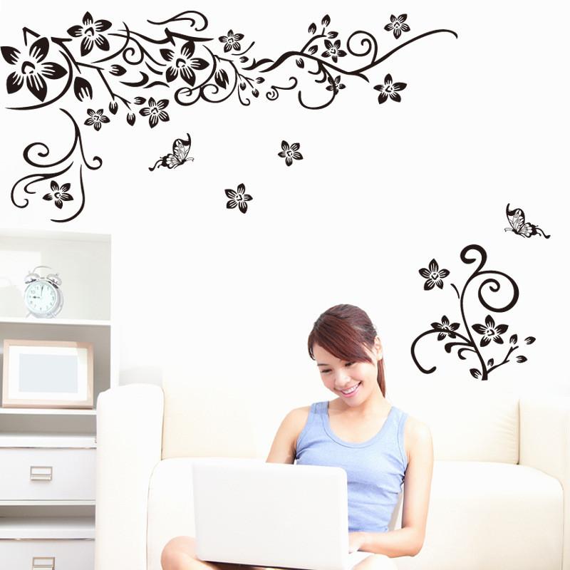Beautiful Butterfly Vine Flower Vinyl Wall Decals Featuring Stylish Plant Theme For Home Enhancement