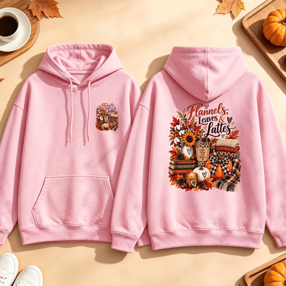 Flannels Leaves Lattes Hoodie Autumn Coffee Graphic Sweatshirt Fall Pumpkin Sunflower Candle Book Unisex Pullover Top