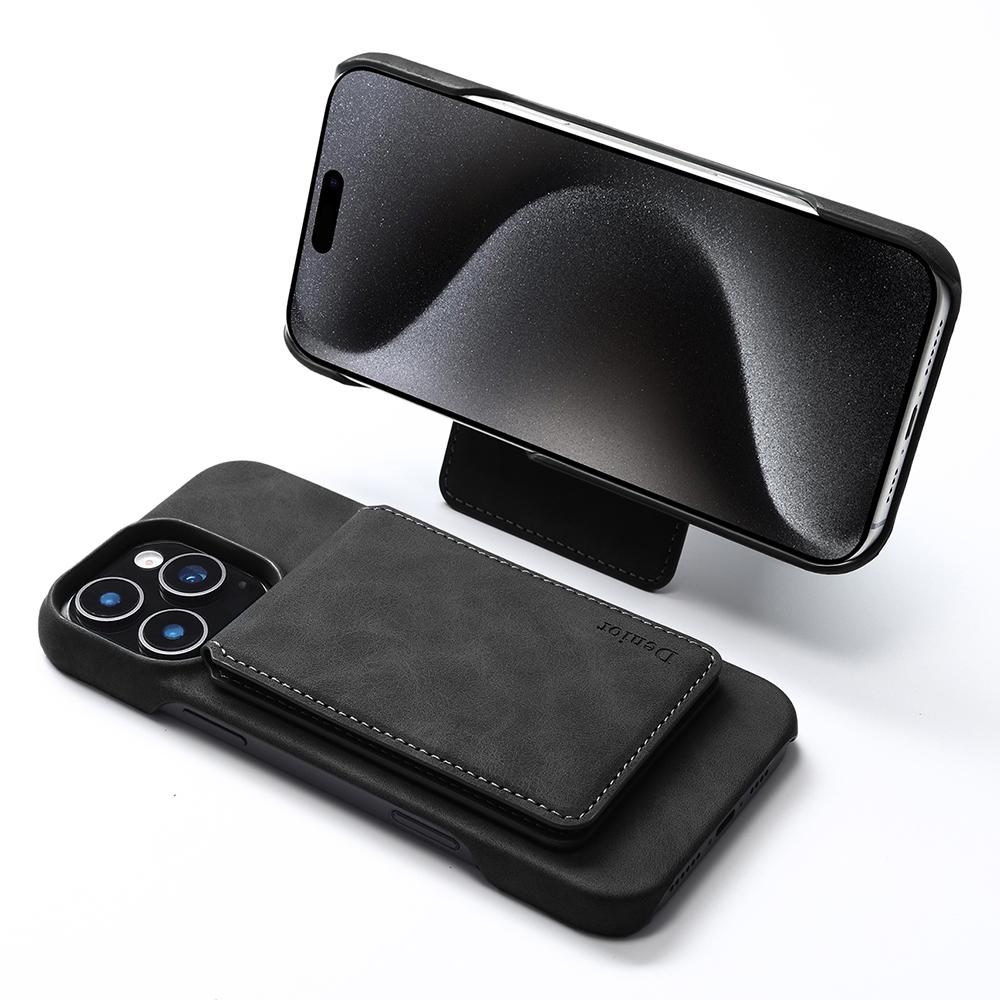 DENIOR D28 For iPhone 16 Pro Max Magnetic Case RFID Blocking Retro Leather Back Cover with Card Holder Kickstand
