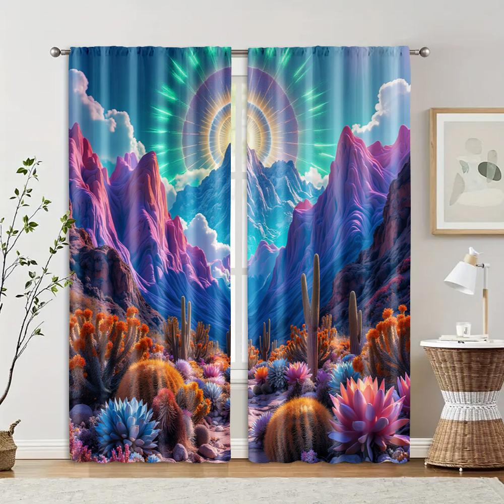 2pcs   Window Curtain  print Psychedelic Mountain Durable 100% Polyester Fabric (without rod) Holiday Use for Bedroom   Living