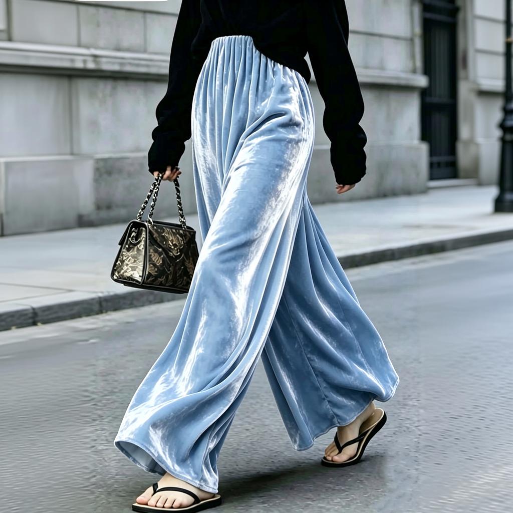 Women's Velvet Wide Leg Pants High Waist Loose Fit Flowy Long Trousers for Casual Wear
