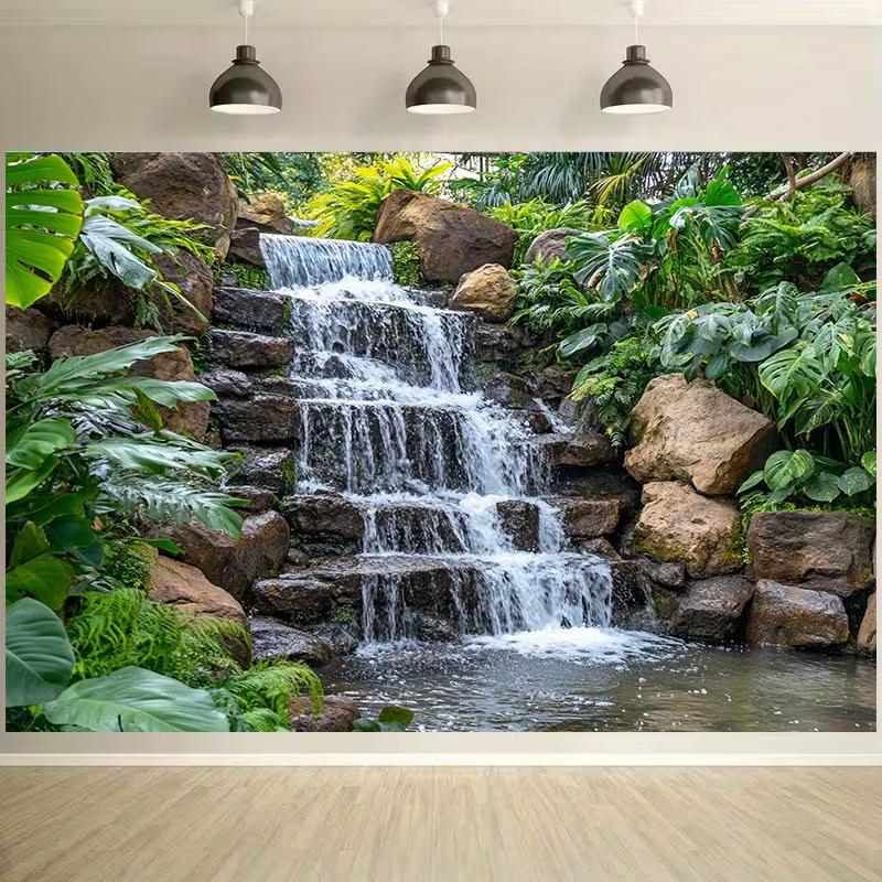 2D tropischer Wasserfall Hintergrund, Grüne Pflanze Stein Natur Foto Hintergrund