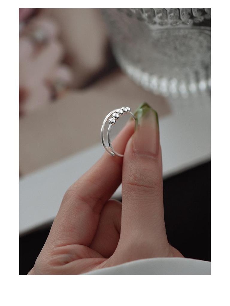 Pierścień z dwuwarstwowej obrotowej koralikowej kulki ze srebra S925 dla kobiet - pierścień na palec wskazujący przeciwlękowy i dekompresyjny, fajny styl