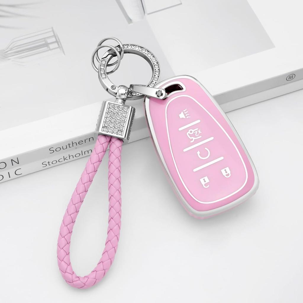 PIFOOG Key Fob Cover Fit for Chevy Pink 5 Button Car Keys Case Shell Bling Keychain Accessories Fits for Malibu Equinox Blazer Traverse Camaro Cruze