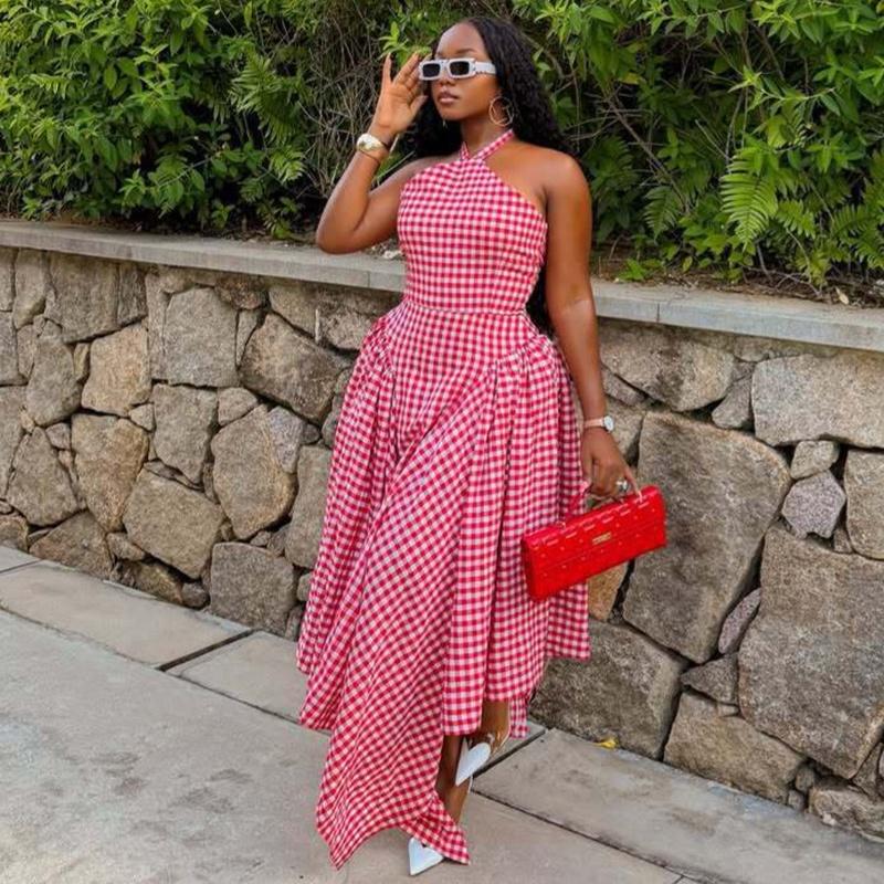 Women's Halter Neck Plaid Maxi Dress Sleeveless Loose Summer Vacation Long Dress