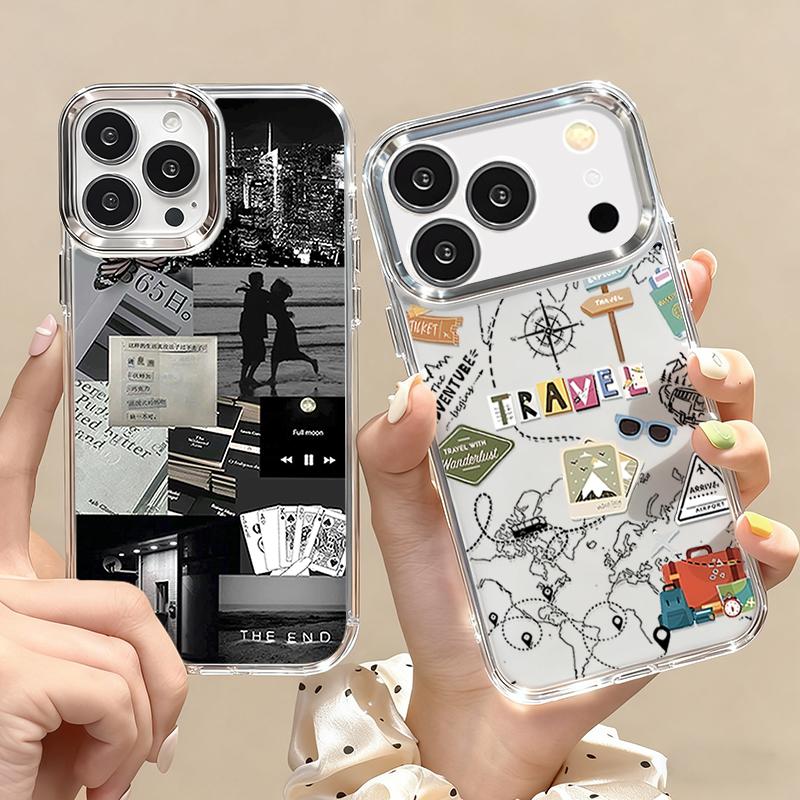 Retro Collage Style Phone Case For iPhone 17 Pro Max Plating Lens Frame Clear Soft Cover For iPhone 16 15 14 13 Pro Max 11 16E 17E