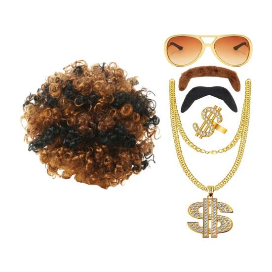 Wig Dress Up Set Necklace Ring Sunglasses Fake Moustache Vintage 80s Cosplay Party Disco Costume Photo Prop Performance Curly Wig