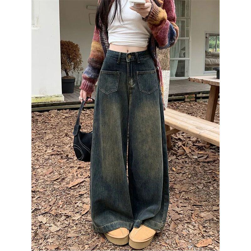 Women s 2025 Retro High-Waist Wide-Leg Jeans - American Style Floor-Length Straight Pants S