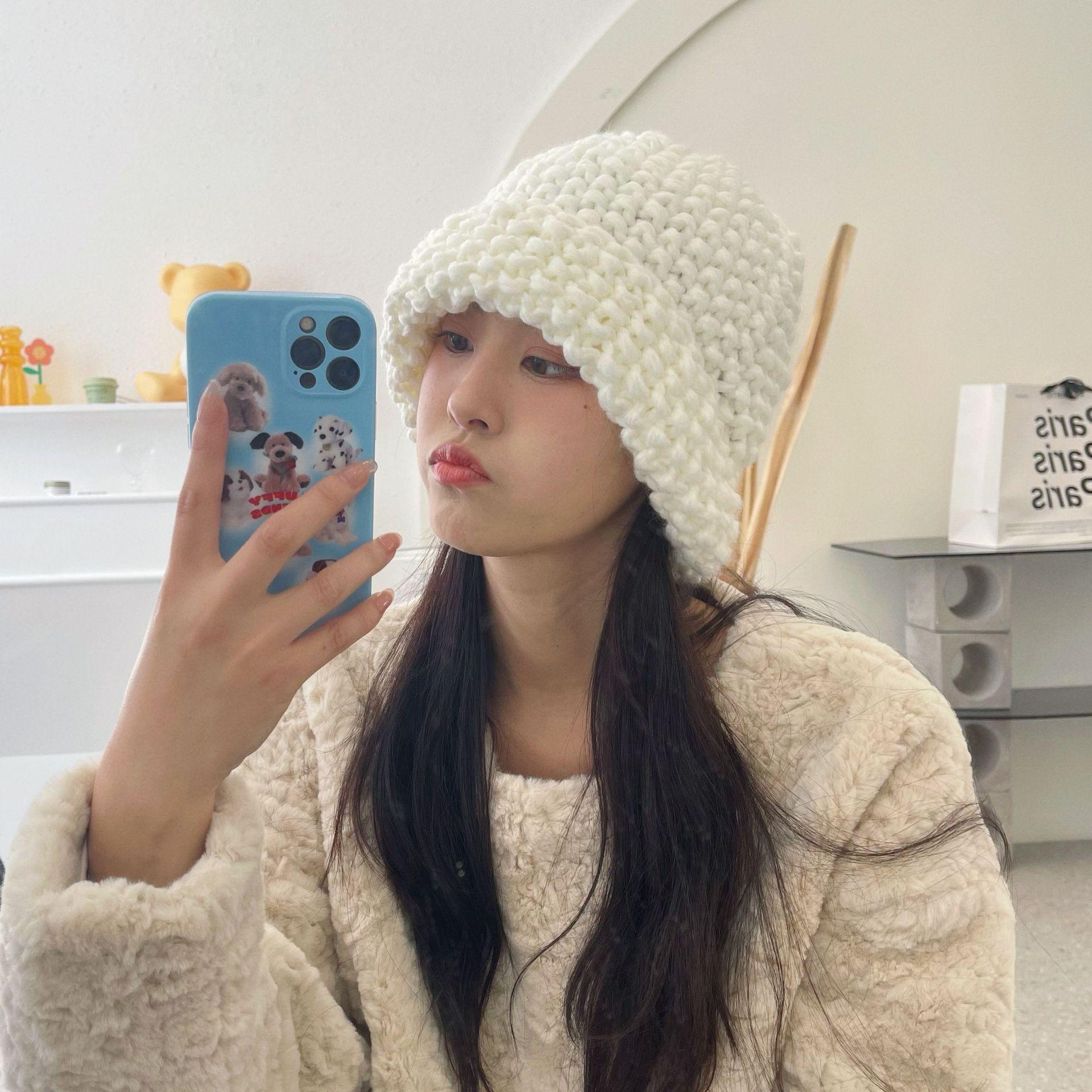 

Color versatile thick thread knitted pineapple pattern wool hat women s autumn and winter thickened warm face small knitted hat One size зелений