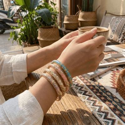 Charming Colorful Metal Enamel Bangle Ethnic Style Alloy Hand Bracelet Rhinestone Flower Pattern Open Bangle Women Jewelry