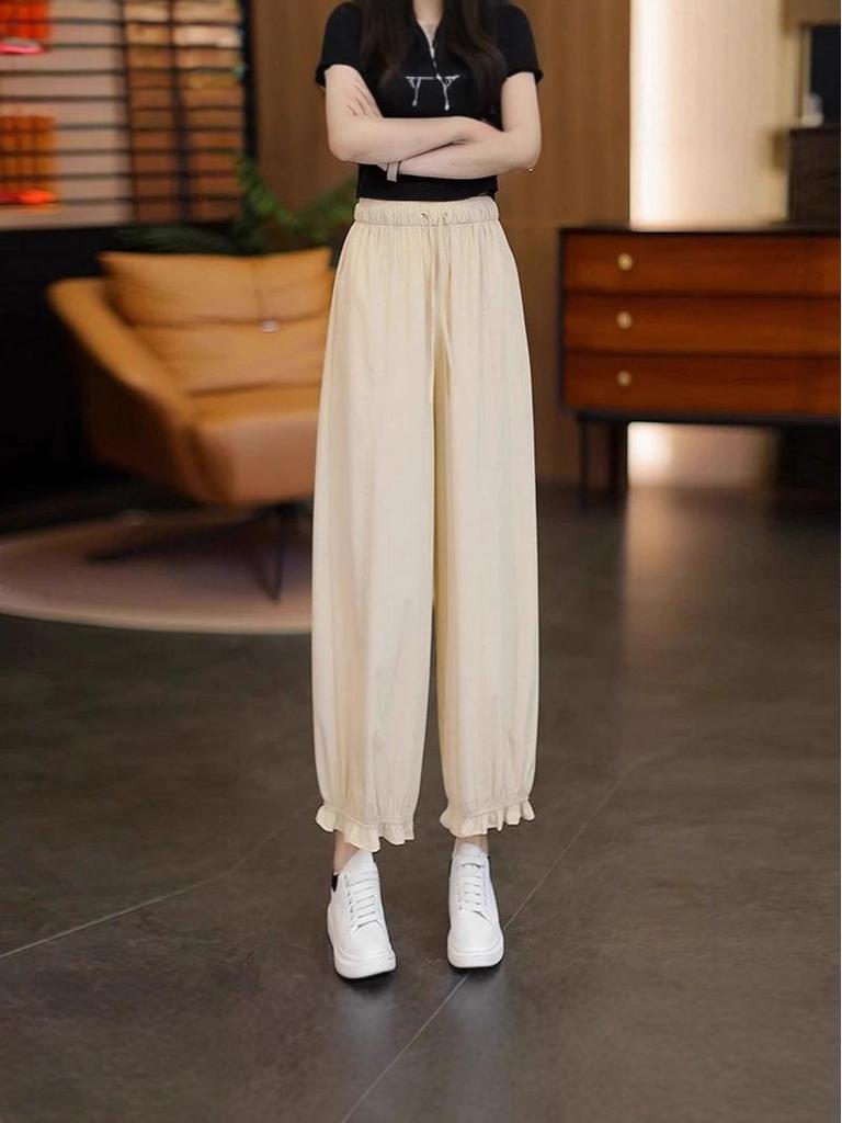 Plus Size Women's Ruffle Lace Ice Silk Lantern Pants - Korean Style, Breathable, Versatile Casual Nine-Point Pants for Spring/Summer