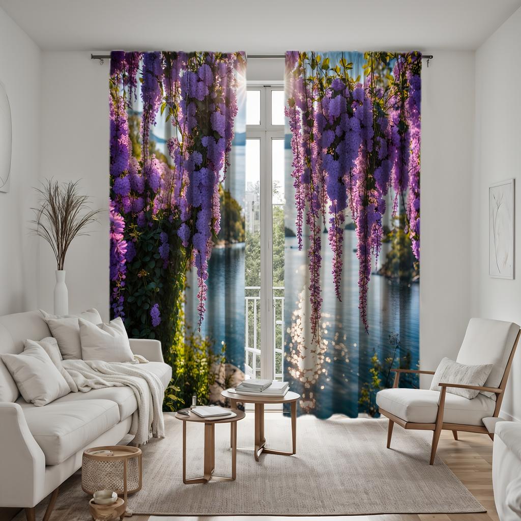Set Of 2 Hd Lakeside Wisteria Flower Landscape Decorative Curtain Purple Tie Digital Printed Home Decoration Style De Made Polyester