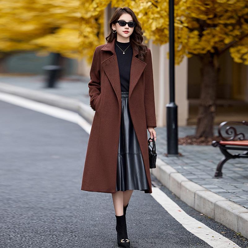 Women's Extra Long Wool Coat with Tie - Autumn/Winter Korean Fashion, Lapel Design (HR1018)