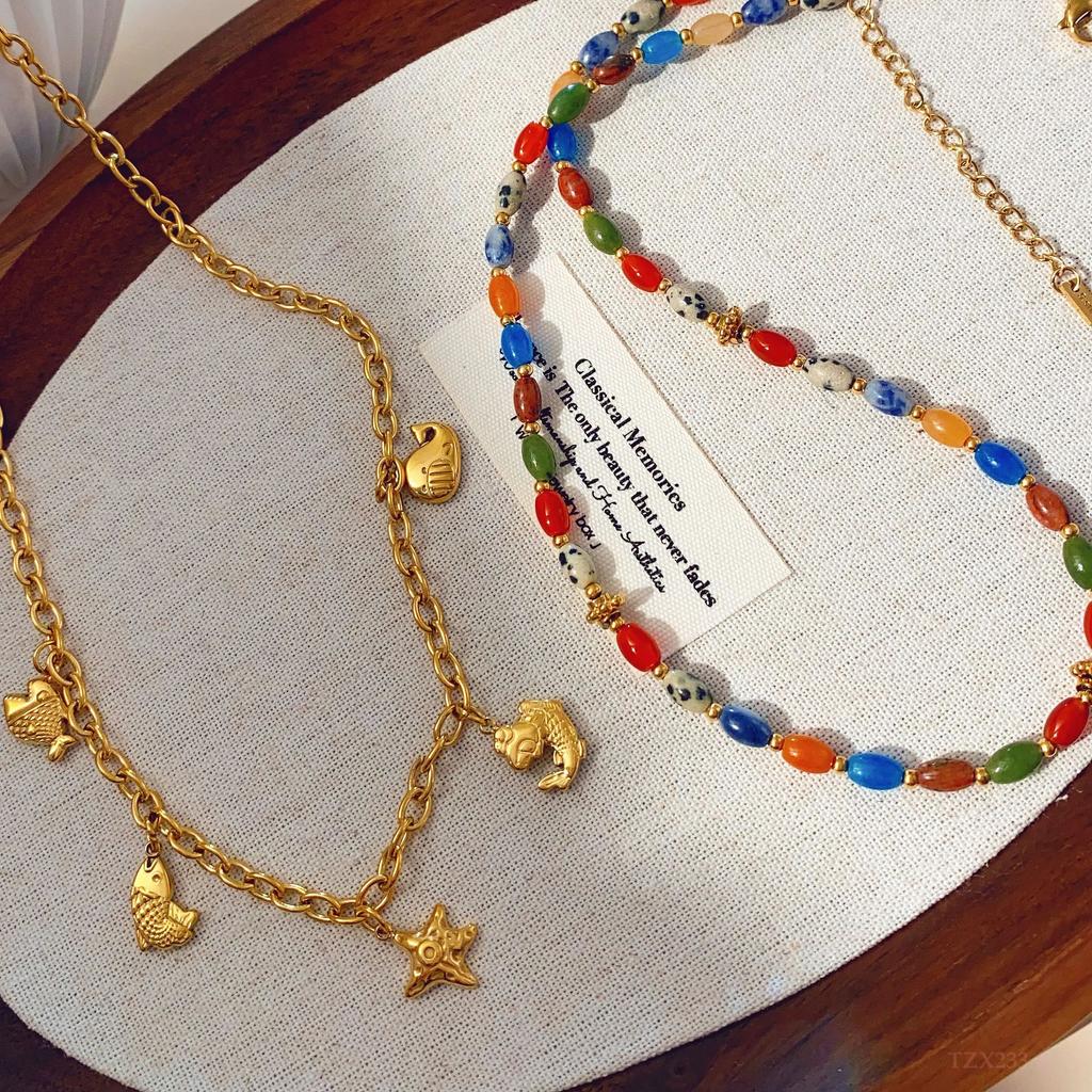 CARLIDANA INS Hot Sale Original Design Gold Plated Stainless Steel Natural Stone Women Trendy Sea Fish Tassel Pendant Necklace