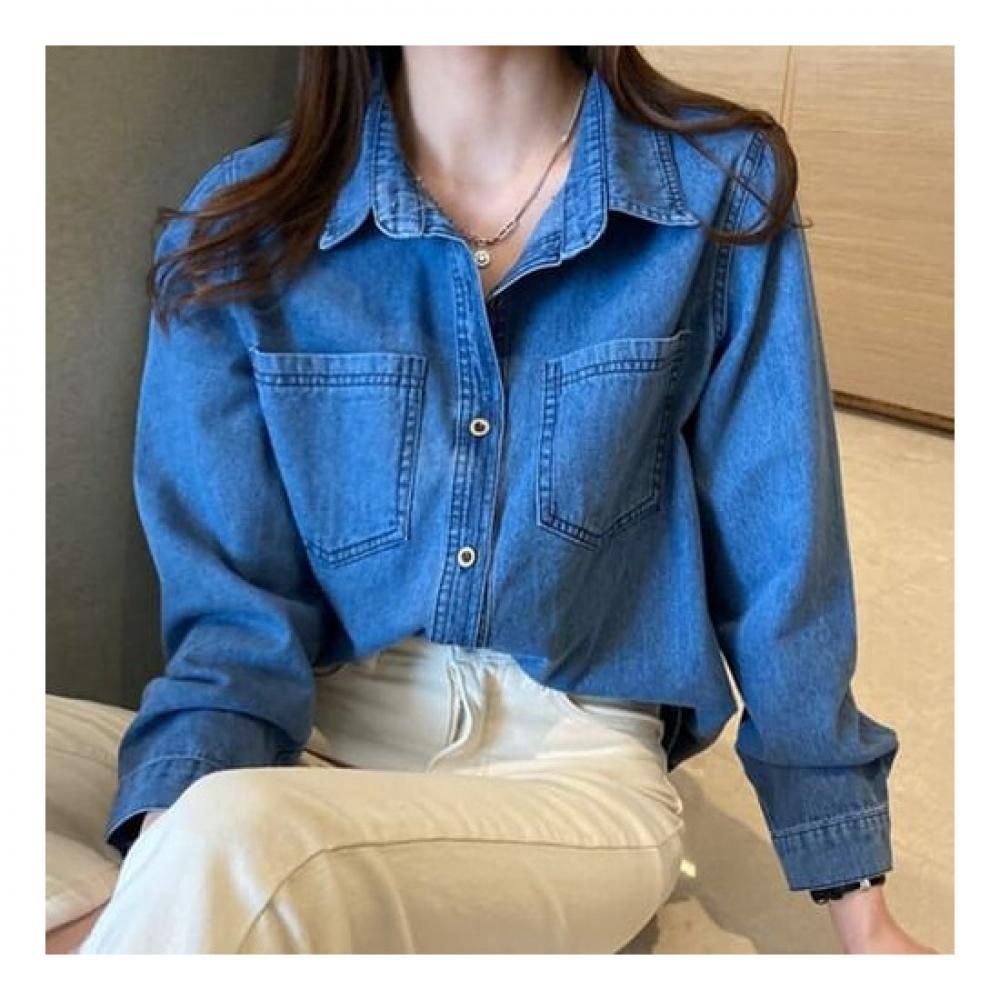 Navava Men Retro Pocket Loose Fit Denim Long Sleeve Shirt Nb1882