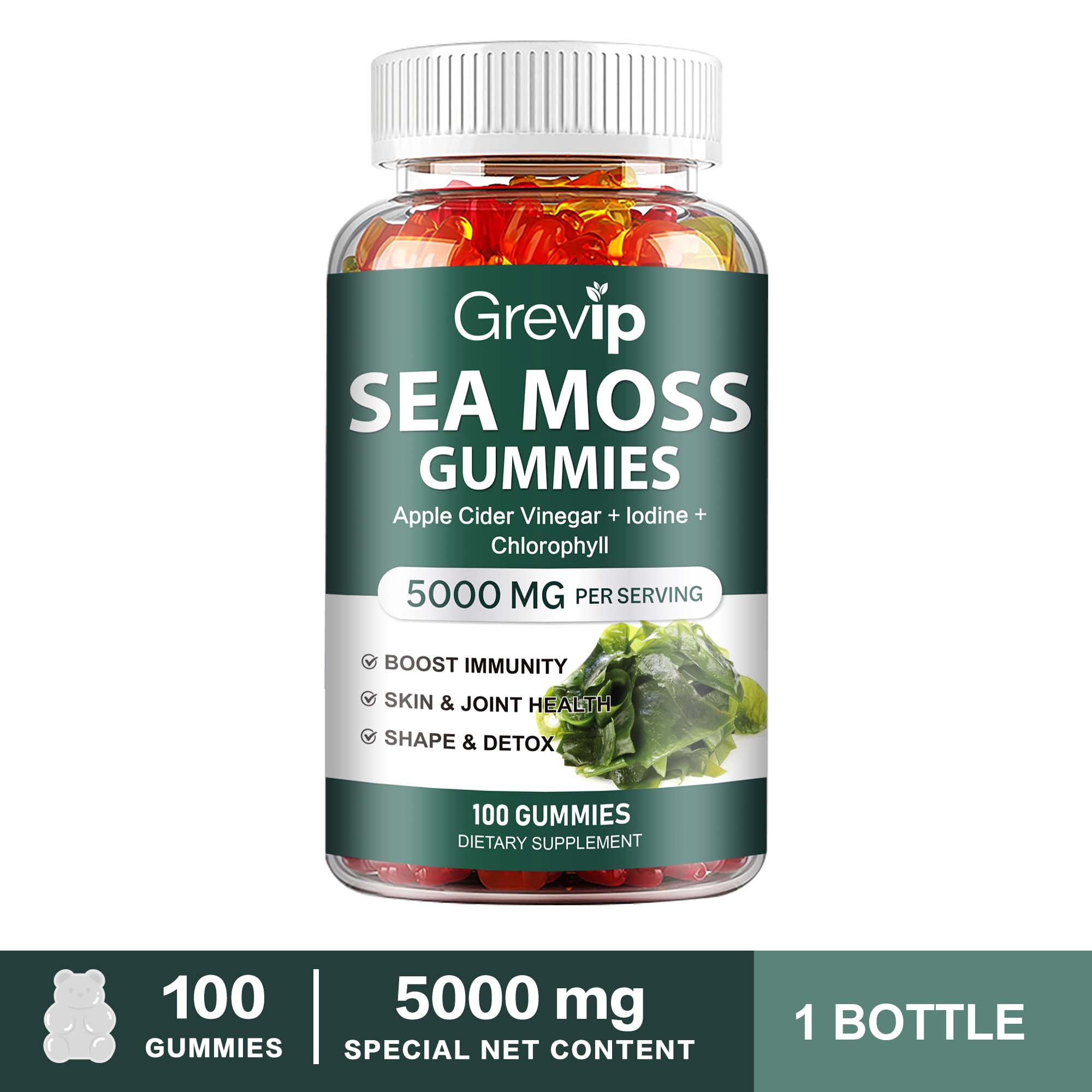 High-purity seaweed gummies, 5000 mg per serving, containing apple cider vinegar and chlorophyll, suitable for both men and women. 100*1