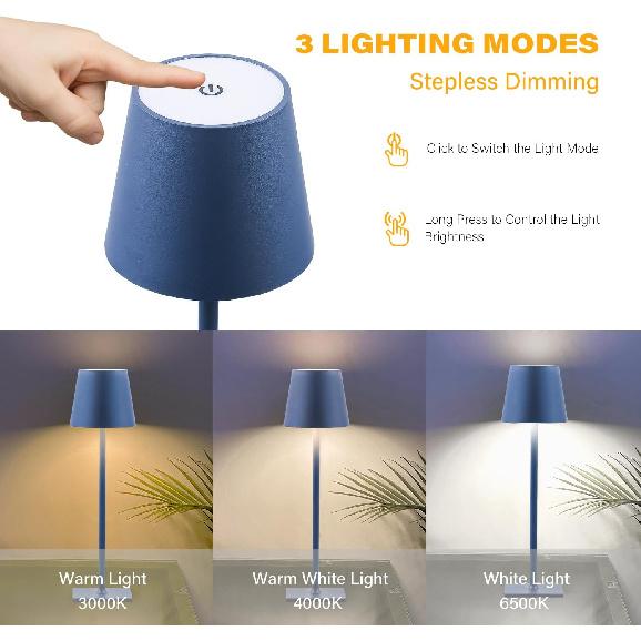 CHLORANTHUS 2 Pack Cordless Table Lamps, 3 Colors Stepless Dimming, 5000mAh Rechargeable Battery LED Desk Lamp for Bedroom/Couple