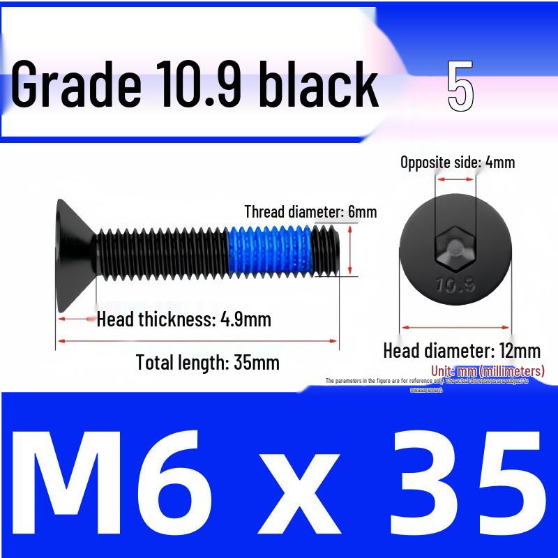 Black Anti-Slip Flat Cup Screw with Adhesive Blue Glue, Countersunk Hexagon Socket, Available in M2-M8 Sizes