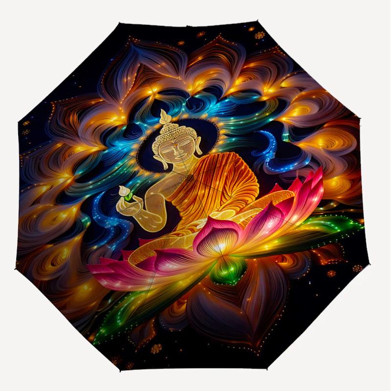 1PC Buddha LotusAutomatic Open/Close Umbrella with Windproof, 8-Rib Sturdy Canopy, Durable Ribs, Fashionable Design, Outdoor Accessory, Fun Prin, Holi