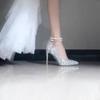 French high heels women's stiletto 2024 new temperament rhinestone bow main wedding crystal wedding shoes bride shoes