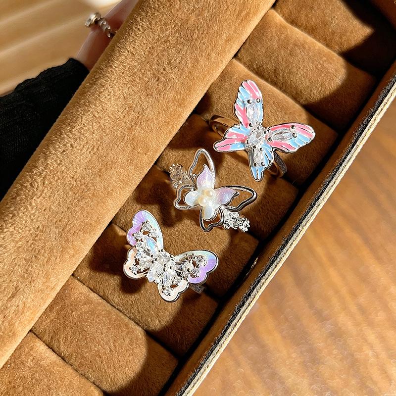 Sweet Cool Ins Style Open Ring Gradient Enamel Butterfly Inlaid Zircon With Bead Detail Niche Personality Adjustable Decorative Ring
