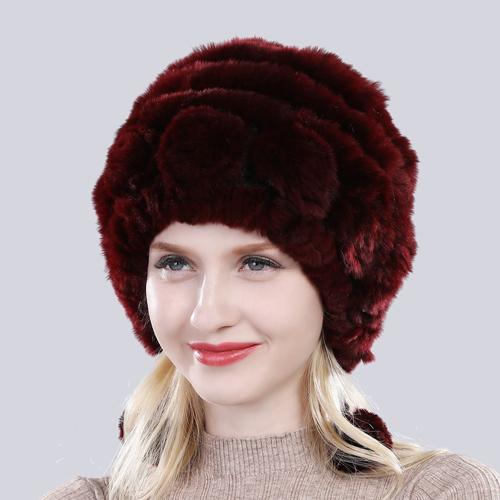 Sale Winter Women Flowers Striped Natural Real Rex Rabbit Fur Hats Lady Warm Knit Genuine Fur Caps Russian Outdoor Fur Hats