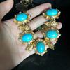 Retro Fashion Turquoise Short Gold Plated Necklace Earnail Set Elegant and Versatile Women's Jewelry