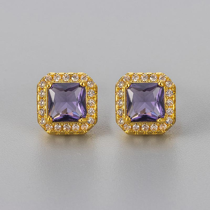 Classic Luxury Shining Zircon Square Color Imitation Gemstone Stud Earrings for Women Trendy Exquisite Stainless Steel Jewelry
