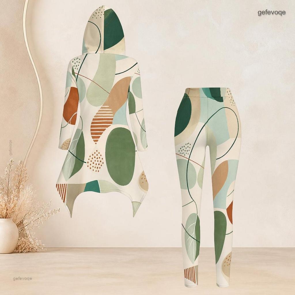Women Plus Size Geometric Printed Hooded Long Sleeve High Low Top Fitted Pants Set