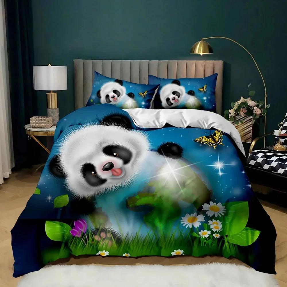 Panda Duvet Cover Cute Animal Bedding Set For Boys Girl Cartoon Giant Panda Polyester Comforter Cover Bear Printed Wildlife