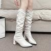 Fashion Boots for Woman Pointed Pleated Thigh High Boots Women Autumn Winter Chunky Heeled Shoes Solid Sexy Stacked Long Knee High Boots
