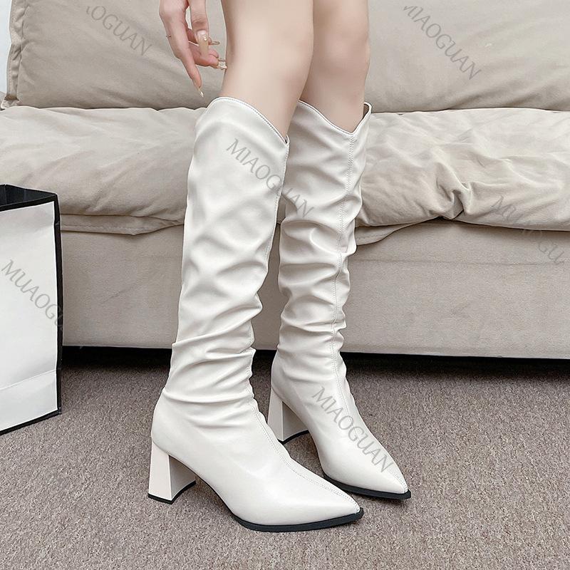 Fashion Boots for Woman Pointed Pleated Thigh High Boots Women Autumn Winter Chunky Heeled Shoes Solid Sexy Stacked Long Knee High Boots