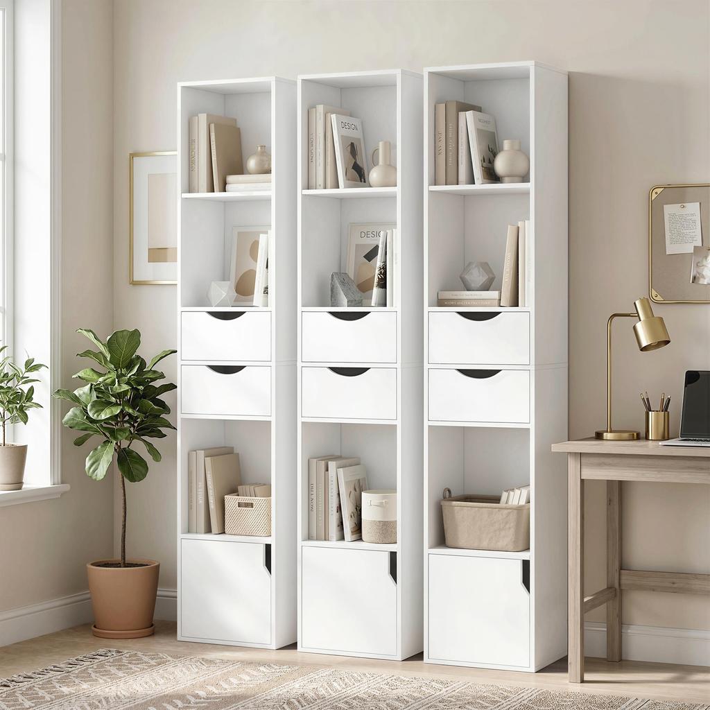 Bookshelf with Storage Unit and Door, 2 Drawers, Open Compartments, Shelf, 30 x 24 x 158 cm, White