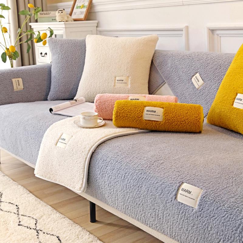 Winter Lambskin Sofa Cushion Thickened Fleece Cushion Non-Slip Leather Sofa Cover Nordic Simple Winter