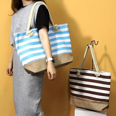 Women Canvas Beach Tote Bag Large Capacity Striped Shoulder Bag Rope Handle Summer Travel Shopping Handbag Casual Seaside Tote Purse
