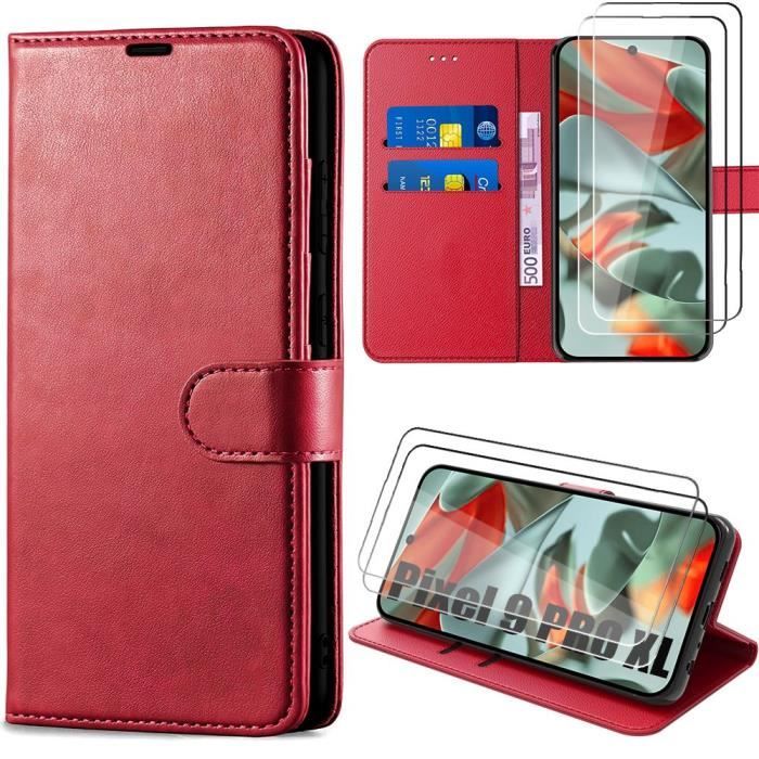 Coque + 2 Verres Trempés pour Google Pixel 9 Pro XL, Coque Portefeuille Antichoc Anti-Rayures Cuir PU Rouge